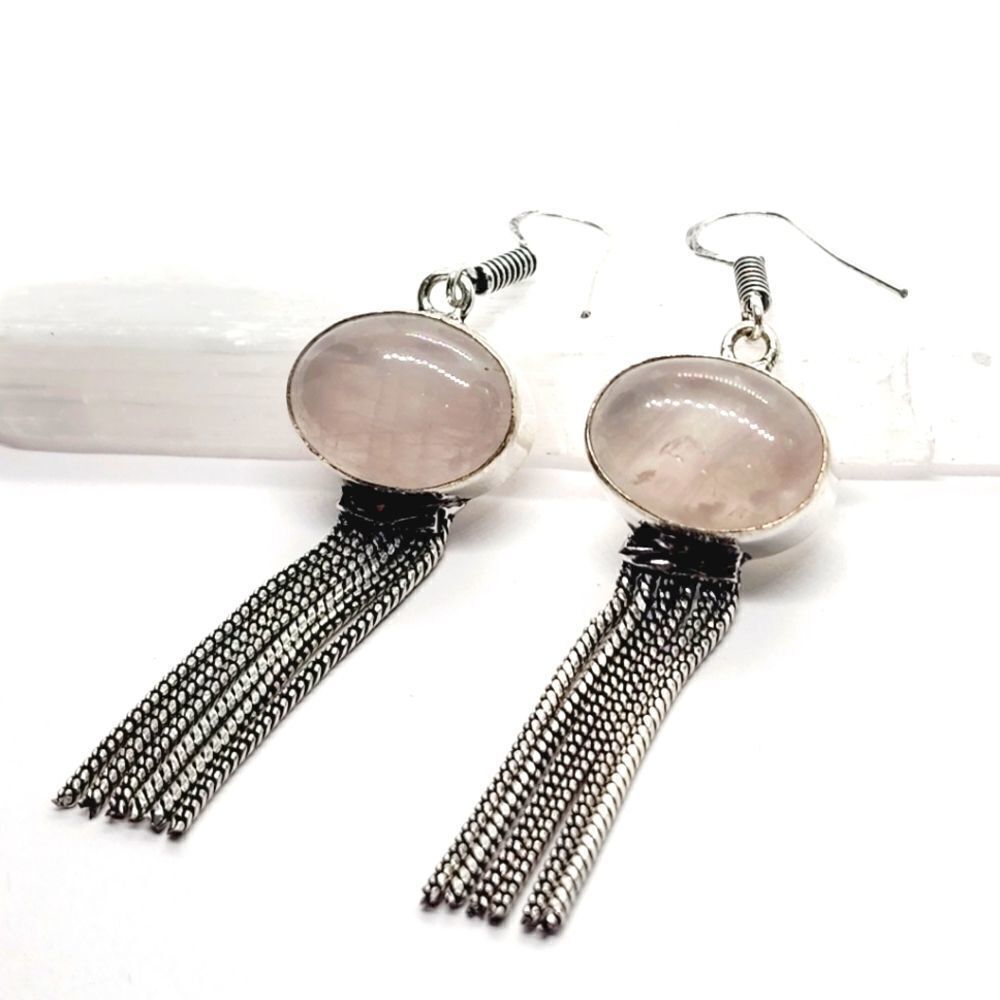 Rose Quartz Ethnic 925 Stamped Silver Tassel Handmade Earrings Jewelry 2.6"